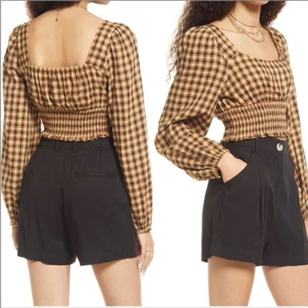 BP Plaid Long Sleeve Smocked Cropped  Top Small‎